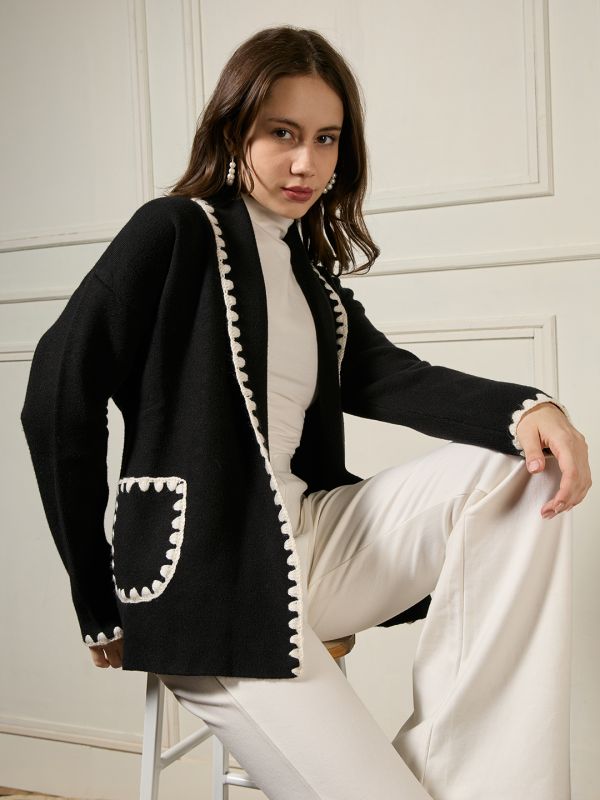 Globus Women Black Shawl Lapel Long Sleeves Lace Detail Open Front Woollen Winterwear Overcoat