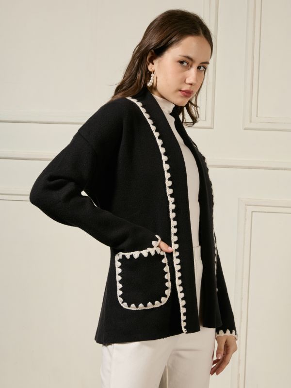 Globus Women Black Shawl Lapel Long Sleeves Lace Detail Open Front Woollen Winterwear Overcoat
