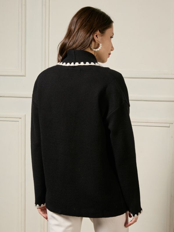 Globus Women Black Shawl Lapel Long Sleeves Lace Detail Open Front Woollen Winterwear Overcoat