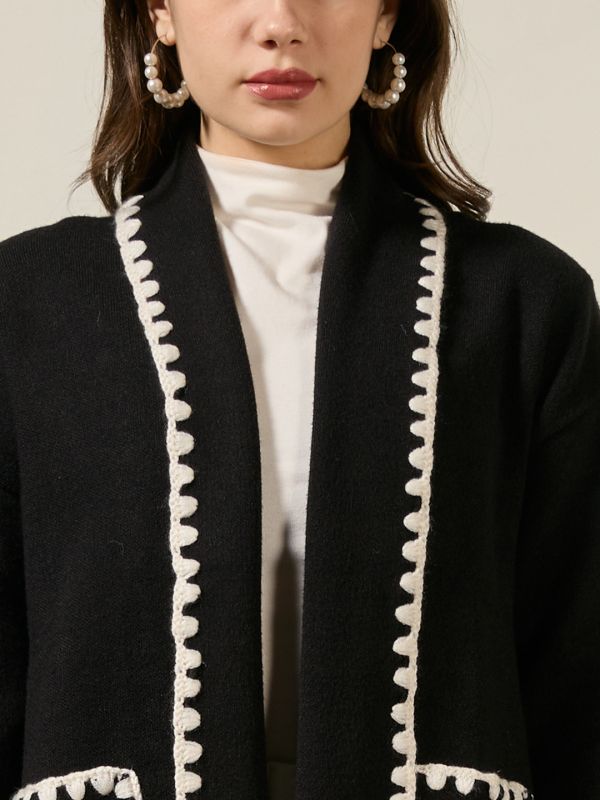 Globus Women Black Shawl Lapel Long Sleeves Lace Detail Open Front Woollen Winterwear Overcoat