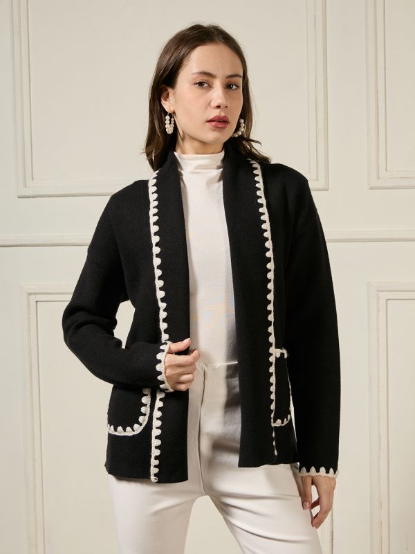 Globus Women Black Shawl Lapel Long Sleeves Lace Detail Open Front Woollen Winterwear Overcoat
