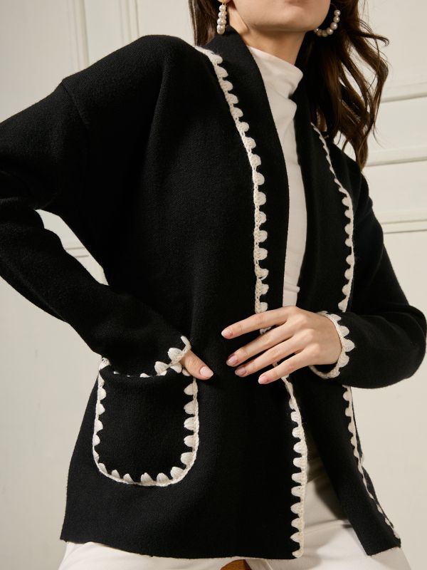 Globus Women Black Shawl Lapel Long Sleeves Lace Detail Open Front Woollen Winterwear Overcoat