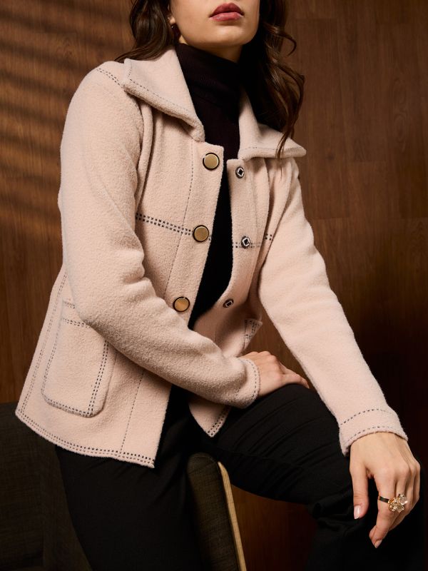 Globus Women Pink Spread Collar Long Sleeves Contrast Stitch Detail Front Pockets Woollen Winterwear Overcoat