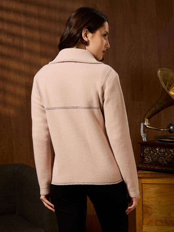Globus Women Pink Spread Collar Long Sleeves Contrast Stitch Detail Front Pockets Woollen Winterwear Overcoat