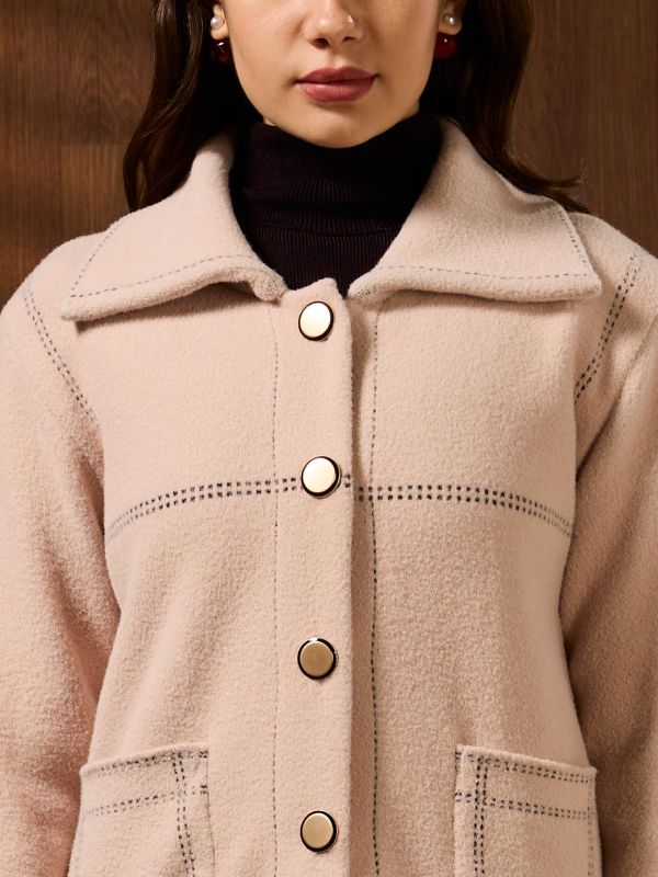 Globus Women Pink Spread Collar Long Sleeves Contrast Stitch Detail Front Pockets Woollen Winterwear Overcoat