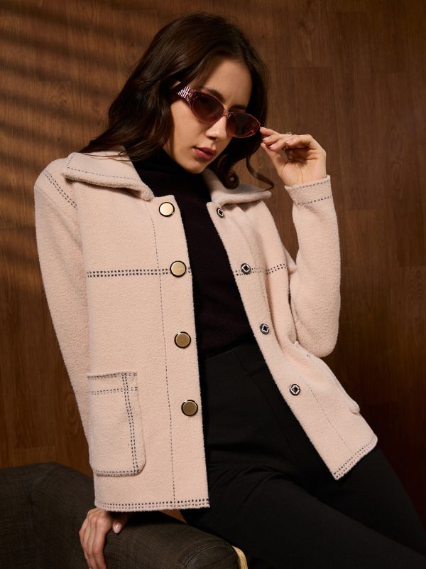 Globus Women Pink Spread Collar Long Sleeves Contrast Stitch Detail Front Pockets Woollen Winterwear Overcoat