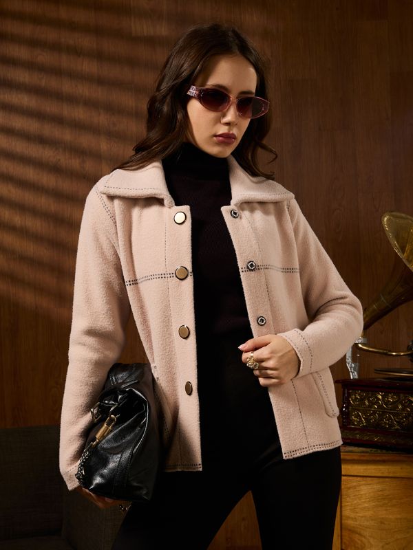 Globus Women Pink Spread Collar Long Sleeves Contrast Stitch Detail Front Pockets Woollen Winterwear Overcoat