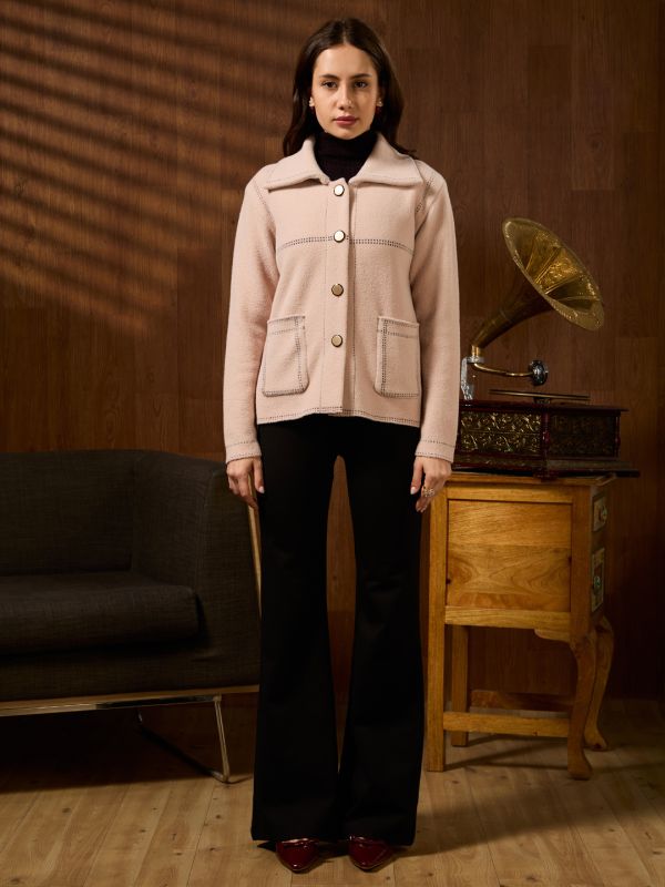 Globus Women Pink Spread Collar Long Sleeves Contrast Stitch Detail Front Pockets Woollen Winterwear Overcoat