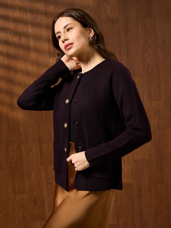 Globus Women Brown Round Neck Long Sleeves Self Design Front Pockets Woollen Winterwear Overcoat