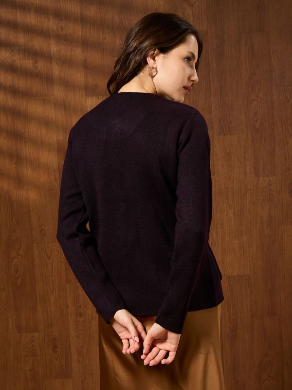Globus Women Brown Round Neck Long Sleeves Self Design Front Pockets Woollen Winterwear Overcoat
