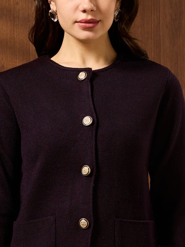 Globus Women Brown Round Neck Long Sleeves Self Design Front Pockets Woollen Winterwear Overcoat