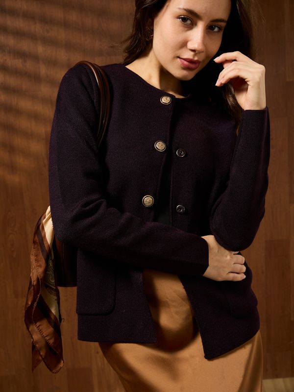 Globus Women Brown Round Neck Long Sleeves Self Design Front Pockets Woollen Winterwear Overcoat