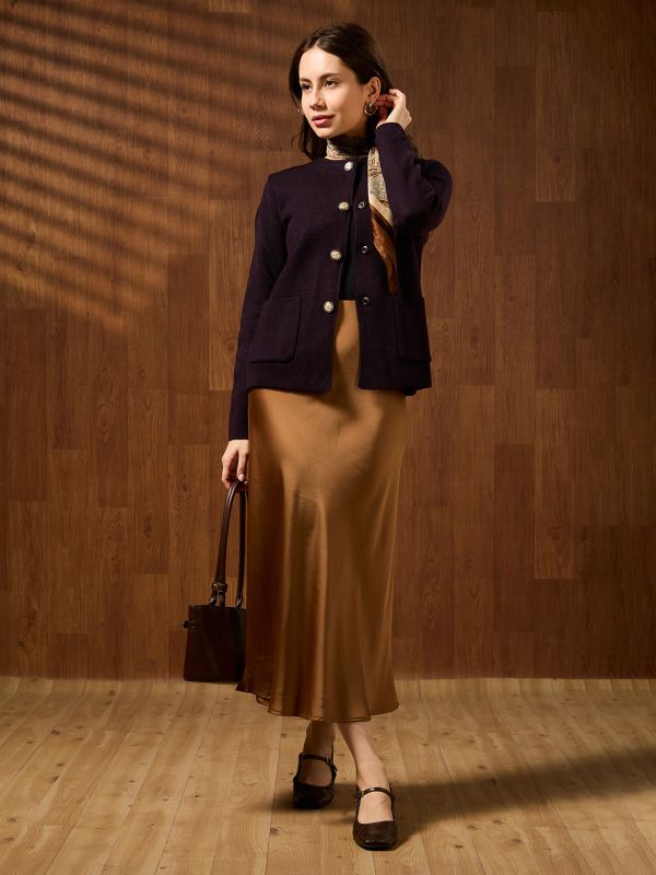 Globus Women Brown Round Neck Long Sleeves Self Design Front Pockets Woollen Winterwear Overcoat