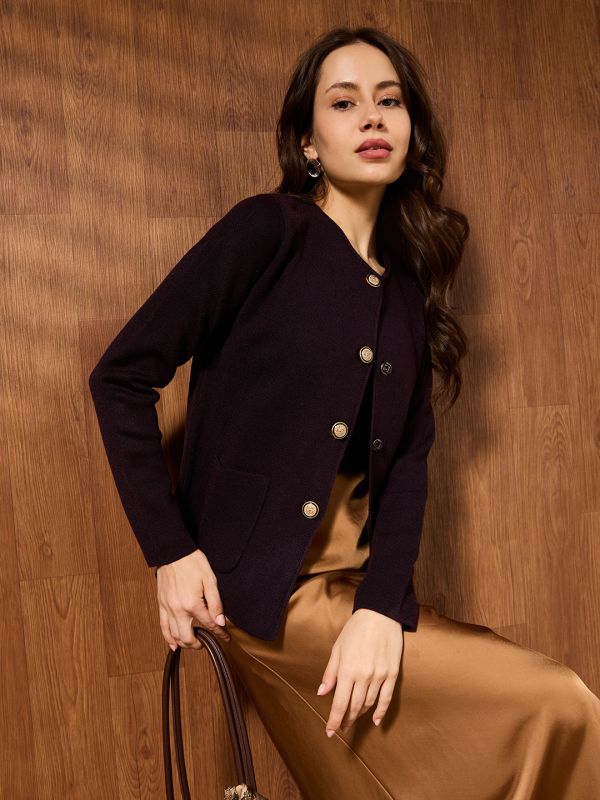 Globus Women Brown Round Neck Long Sleeves Self Design Front Pockets Woollen Winterwear Overcoat