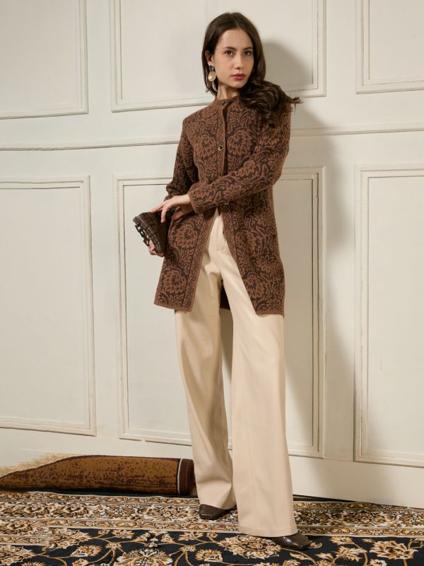 Globus Women Brown Mandarin Collar Long Sleeves Shimmer Floral Self Design Woollen Hip Length Winterwear Overcoat