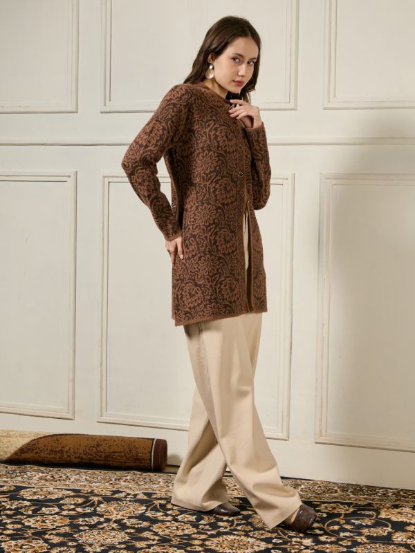 Globus Women Brown Mandarin Collar Long Sleeves Shimmer Floral Self Design Woollen Hip Length Winterwear Overcoat