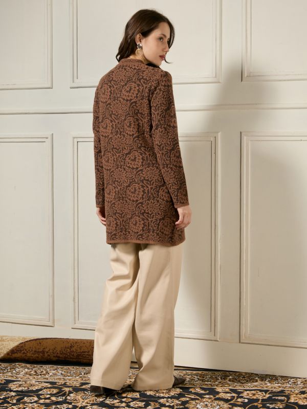 Globus Women Brown Mandarin Collar Long Sleeves Shimmer Floral Self Design Woollen Hip Length Winterwear Overcoat
