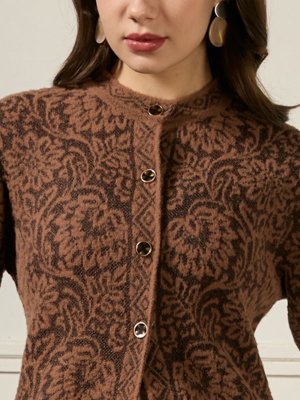 Globus Women Brown Mandarin Collar Long Sleeves Shimmer Floral Self Design Woollen Hip Length Winterwear Overcoat