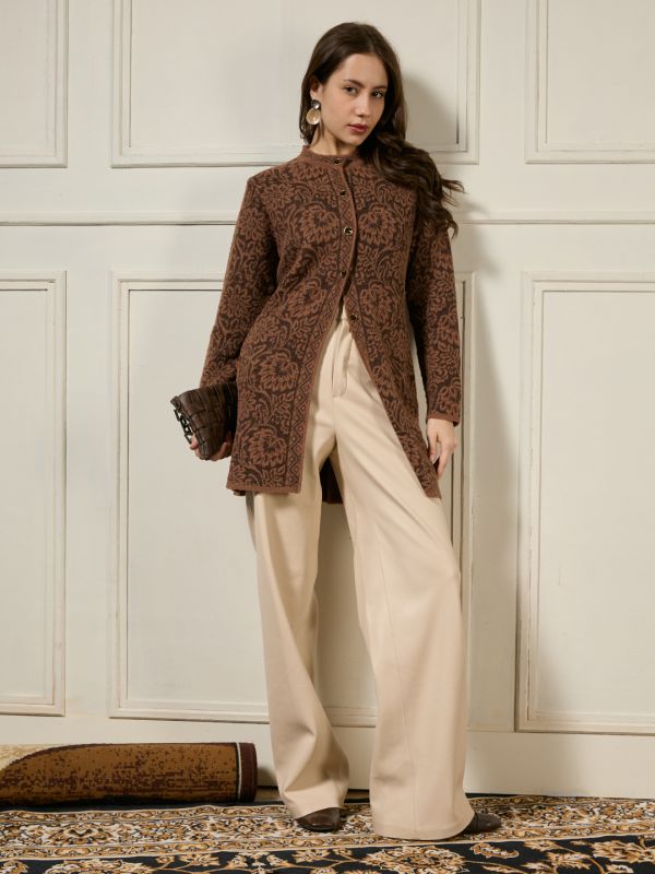 Globus Women Brown Mandarin Collar Long Sleeves Shimmer Floral Self Design Woollen Hip Length Winterwear Overcoat