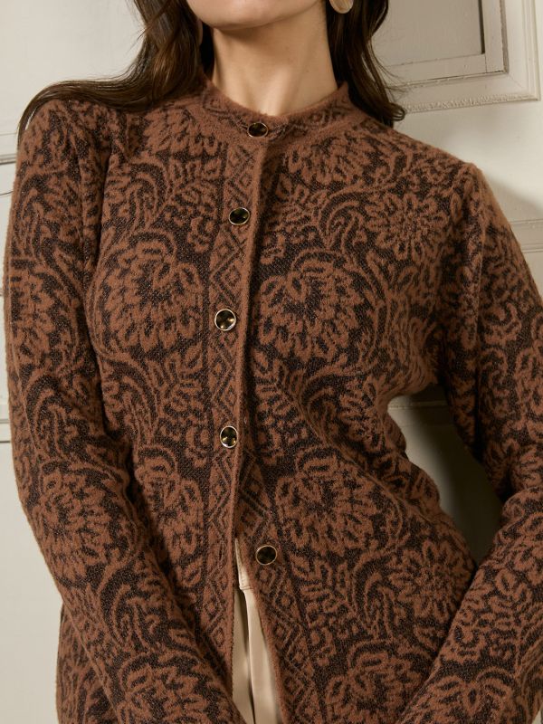 Globus Women Brown Mandarin Collar Long Sleeves Shimmer Floral Self Design Woollen Hip Length Winterwear Overcoat