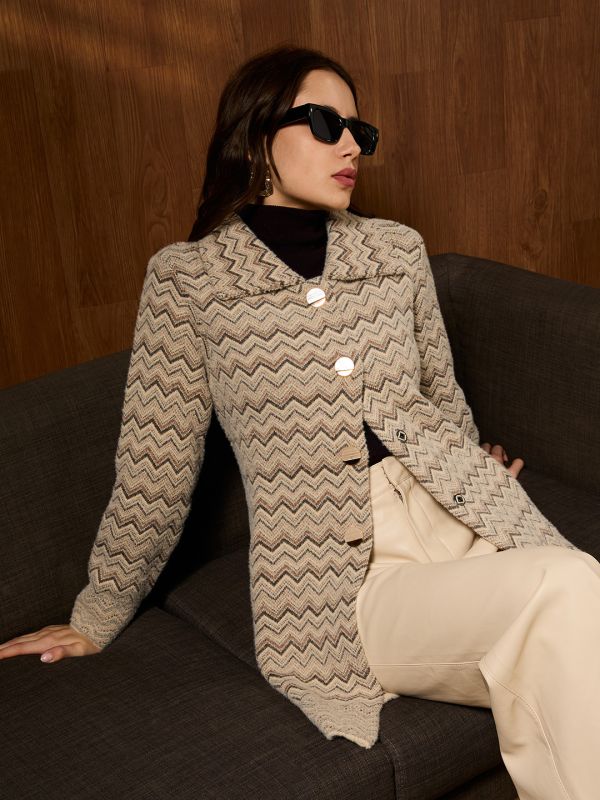 Globus Women Beige Spread Collar Long Sleeves Chevron Self Design Shimmer Woollen Hip Length Winterwear Overcoat