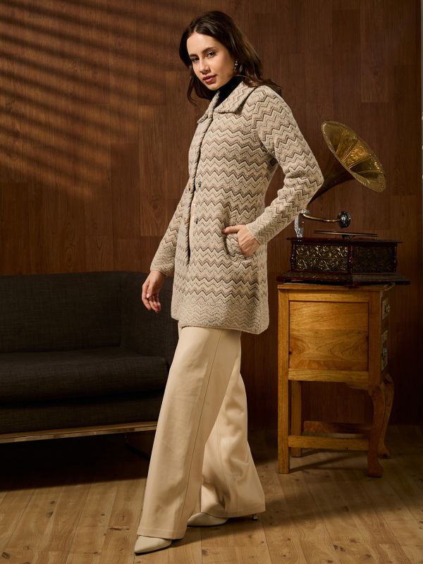 Globus Women Beige Spread Collar Long Sleeves Chevron Self Design Shimmer Woollen Hip Length Winterwear Overcoat