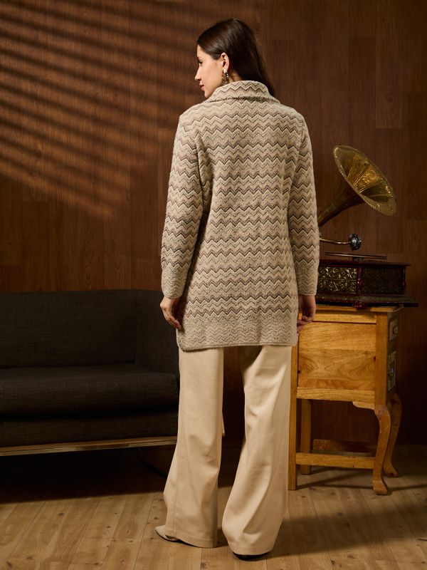 Globus Women Beige Spread Collar Long Sleeves Chevron Self Design Shimmer Woollen Hip Length Winterwear Overcoat