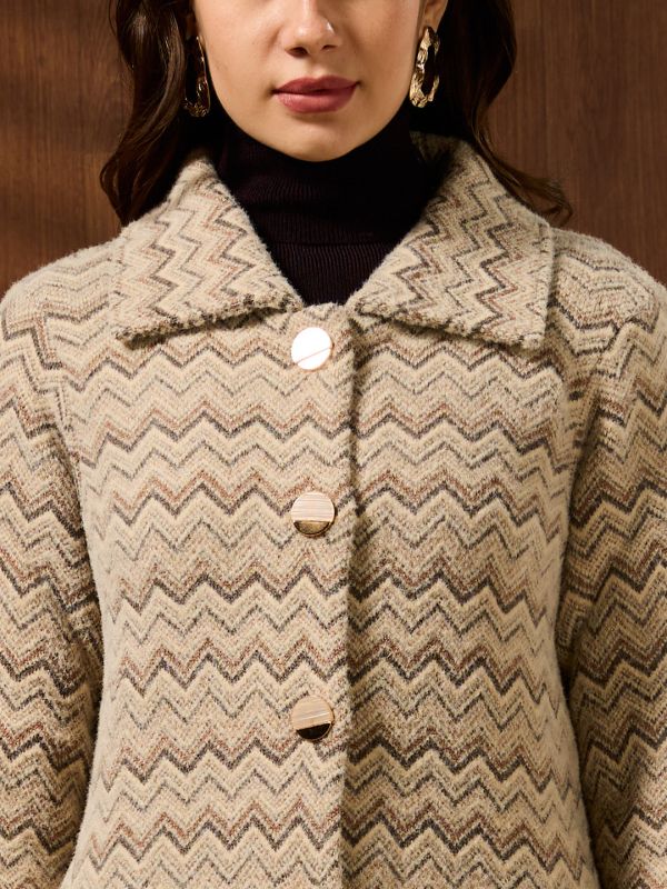 Globus Women Beige Spread Collar Long Sleeves Chevron Self Design Shimmer Woollen Hip Length Winterwear Overcoat