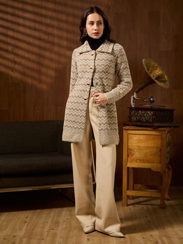 Globus Women Beige Spread Collar Long Sleeves Chevron Self Design Shimmer Woollen Hip Length Winterwear Overcoat