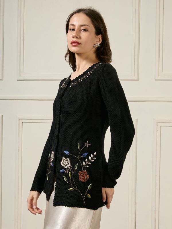Globus Women Black Round Neck Long Sleeves Beaded & Floral Embroidered Self Design Acrylic Hip Length Winterwear Overcoat
