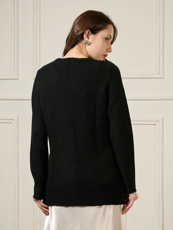 Globus Women Black Round Neck Long Sleeves Beaded & Floral Embroidered Self Design Acrylic Hip Length Winterwear Overcoat