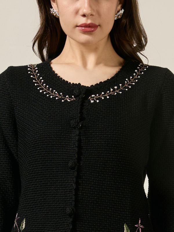 Globus Women Black Round Neck Long Sleeves Beaded & Floral Embroidered Self Design Acrylic Hip Length Winterwear Overcoat