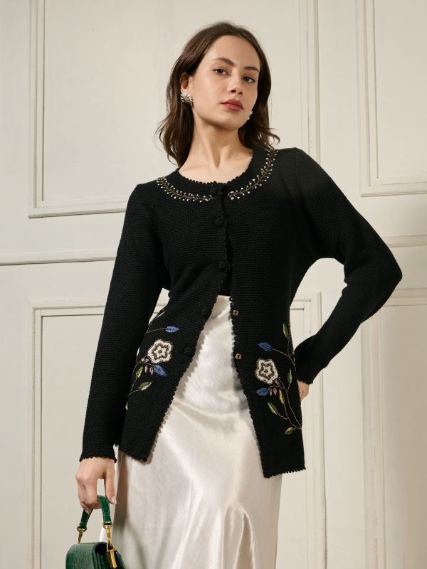 Globus Women Black Round Neck Long Sleeves Beaded & Floral Embroidered Self Design Acrylic Hip Length Winterwear Overcoat