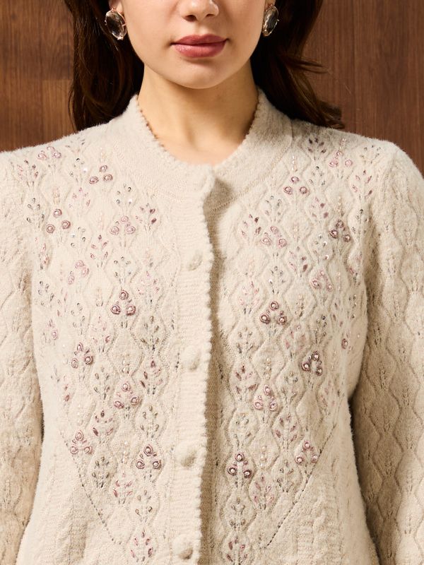 Globus Women Off White Mandarin Collar Long Sleeves Beaded & Embroidered Self Design Acrylic Hip Length Winterwear Overcoat