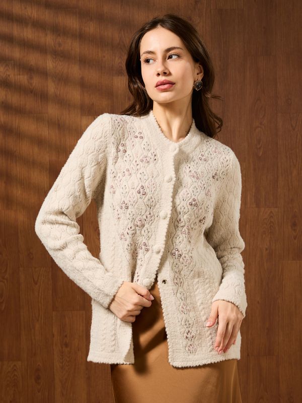 Globus Women Off White Mandarin Collar Long Sleeves Beaded & Embroidered Self Design Acrylic Hip Length Winterwear Overcoat