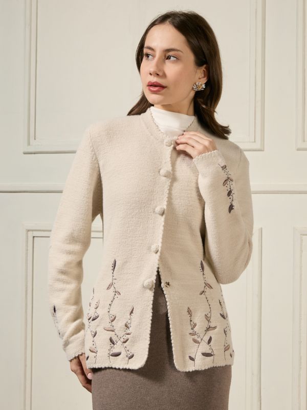 Globus Women Beige Mandarin Collar Long Sleeves Beaded & Embroidered Self Design Acrylic Hip Length Winterwear Overcoat