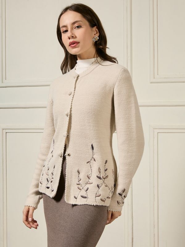Globus Women Beige Mandarin Collar Long Sleeves Beaded & Embroidered Self Design Acrylic Hip Length Winterwear Overcoat