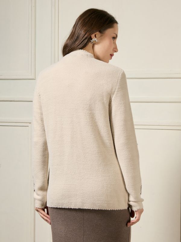 Globus Women Beige Mandarin Collar Long Sleeves Beaded & Embroidered Self Design Acrylic Hip Length Winterwear Overcoat