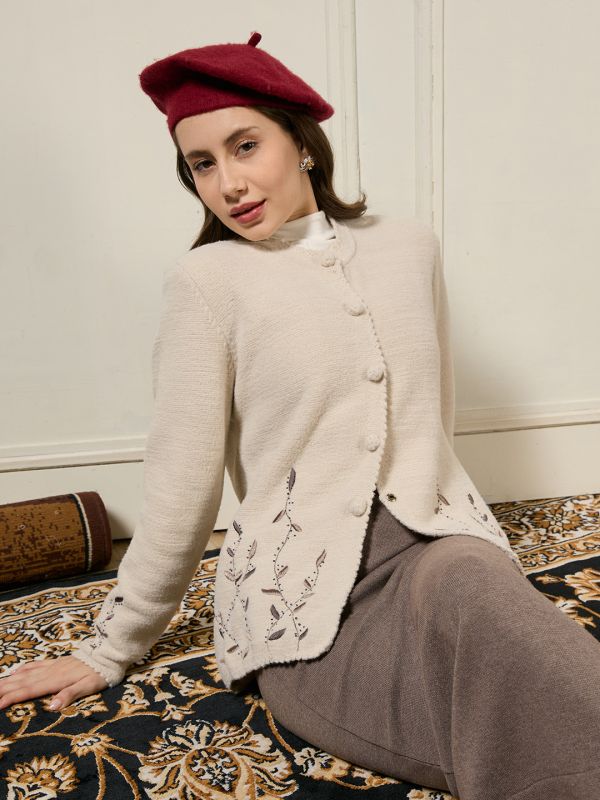 Globus Women Beige Mandarin Collar Long Sleeves Beaded & Embroidered Self Design Acrylic Hip Length Winterwear Overcoat