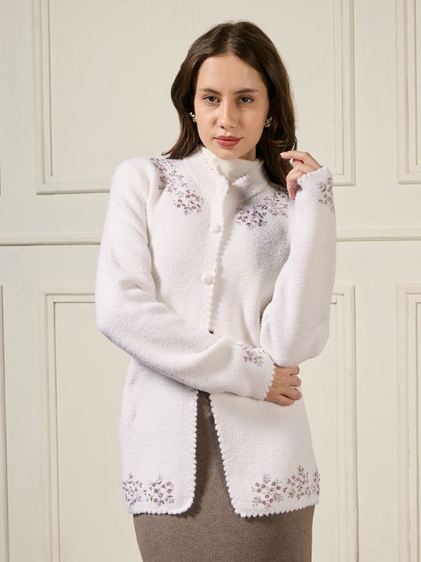 Globus Women Off White Mandarin Collar Long Sleeves Beaded & Floral Embroidered Self Design Acrylic Hip Length Winterwear Overcoat