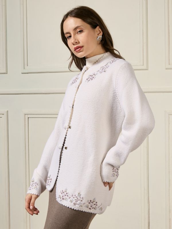 Globus Women Off White Mandarin Collar Long Sleeves Beaded & Floral Embroidered Self Design Acrylic Hip Length Winterwear Overcoat