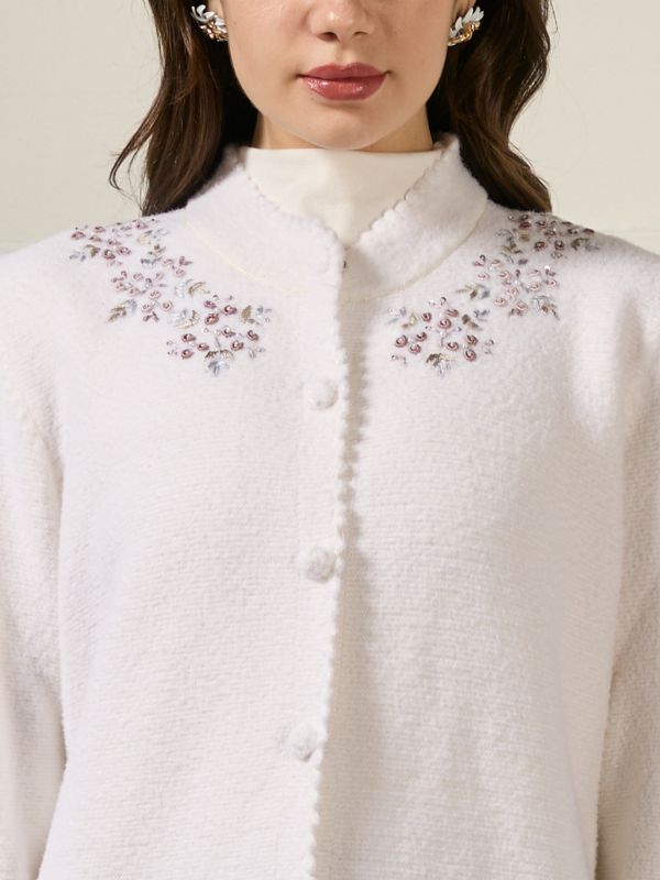 Globus Women Off White Mandarin Collar Long Sleeves Beaded & Floral Embroidered Self Design Acrylic Hip Length Winterwear Overcoat