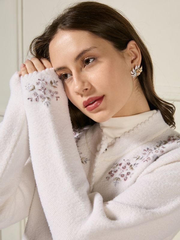 Globus Women Off White Mandarin Collar Long Sleeves Beaded & Floral Embroidered Self Design Acrylic Hip Length Winterwear Overcoat