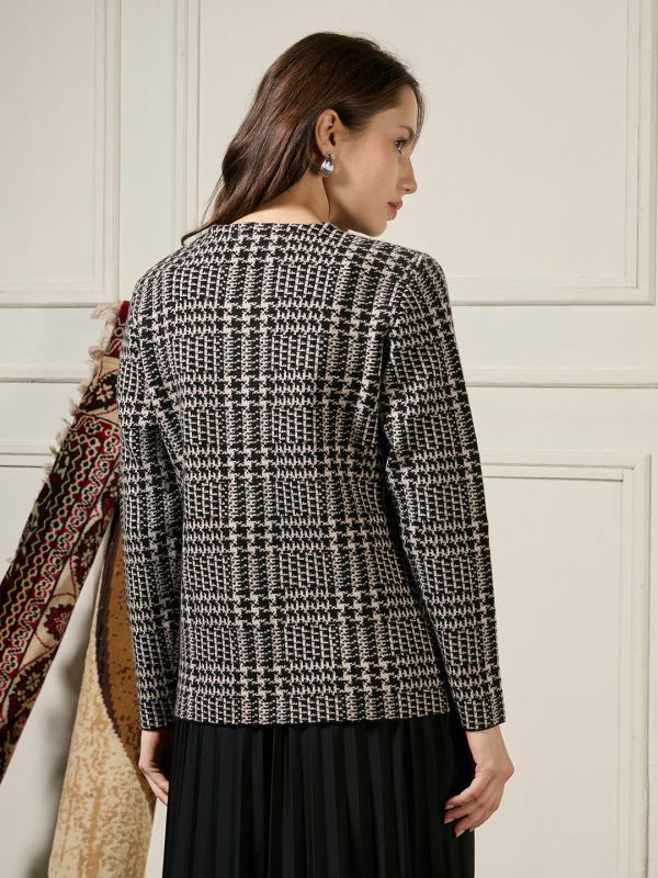 Globus Women Black Round Neck Long Sleeves Houndstooth Self Design Acrylic Winterwear Overcoat