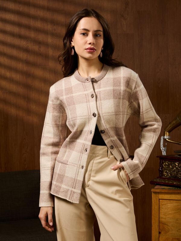 Globus Women Beige Mandarin Collar Long Sleeves Checkered Self Design Acrylic Winterwear Overcoat