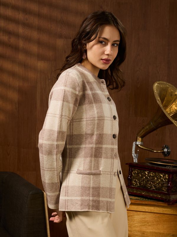 Globus Women Beige Mandarin Collar Long Sleeves Checkered Self Design Acrylic Winterwear Overcoat