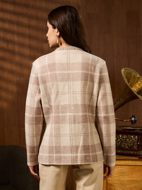 Globus Women Beige Mandarin Collar Long Sleeves Checkered Self Design Acrylic Winterwear Overcoat