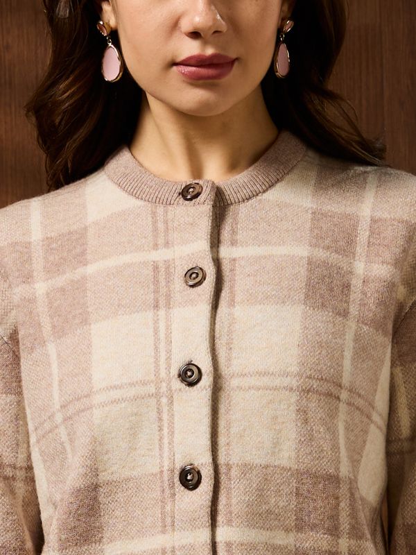 Globus Women Beige Mandarin Collar Long Sleeves Checkered Self Design Acrylic Winterwear Overcoat