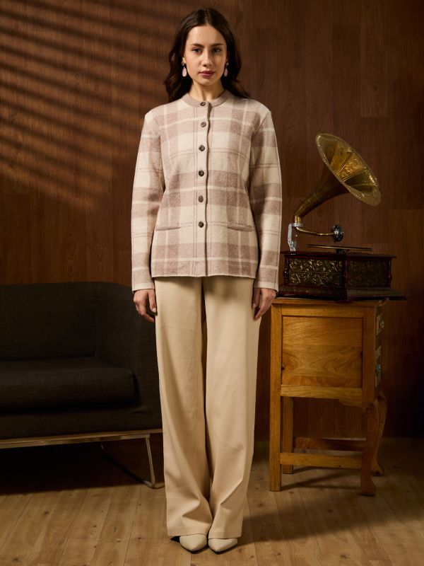 Globus Women Beige Mandarin Collar Long Sleeves Checkered Self Design Acrylic Winterwear Overcoat