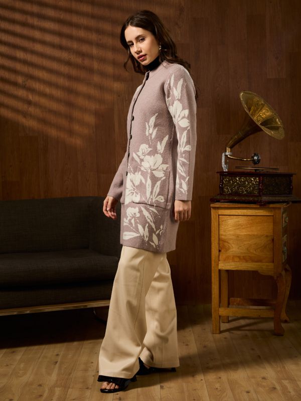 Globus Women Beige Mandarin Collar Long Sleeves Floral Self Design Front Pockets Acrylic Longline Winterwear Overcoat